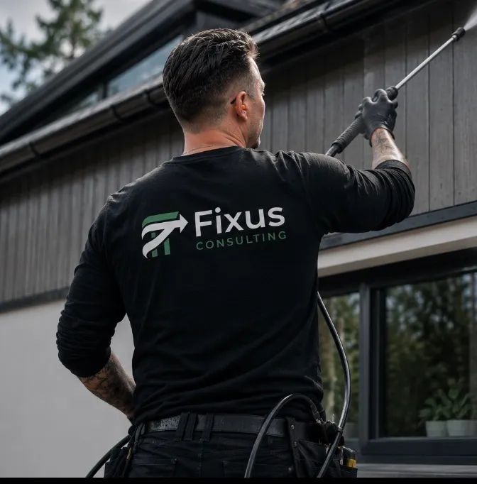 Pierre vid fasadtvätt i Fixus-kläder